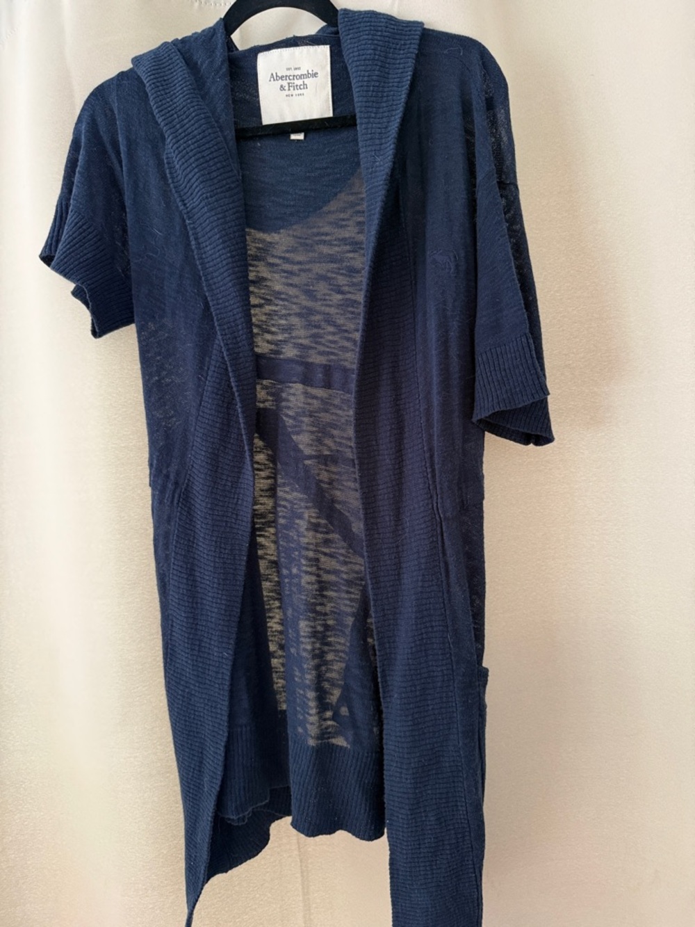 Abercrombie & Fitch Navy Open-Front Short-Sleeve Hooded Cardigan